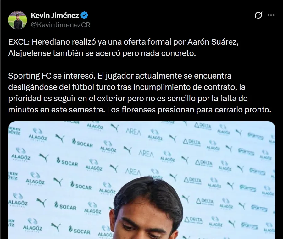 Kevin Jiménez confirmó la oferta formal de Herediano por Aarón Suárez. (Foto: X)