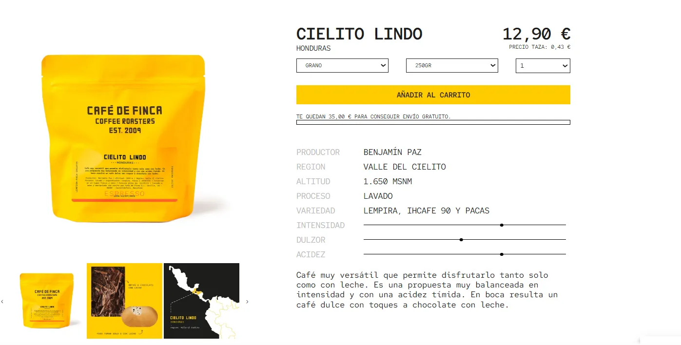 El café “Cielito Lindo” tiene un costo de 12.90 euros los 250 gramos, es decir casi unos 400 lempiras. Un kilogramo tiene un costo de 48 euros, unos 1,500 lempiras. Foto: Café de Finca.