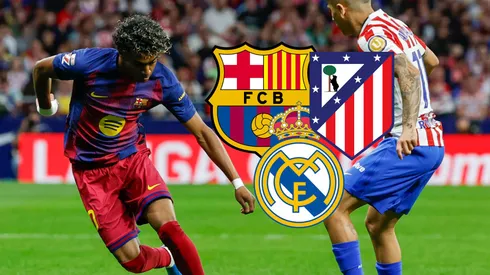 Lamine Yamal enfrenta a un rival en el juego ante el Atlético de Madrid por la jornada 30 de LaLiga. Foto: EFE.