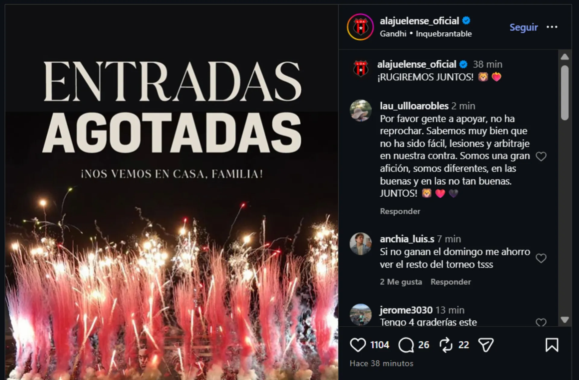 Alajuelense confirmó que se agotaron las entradas. (Foto: Instagram)