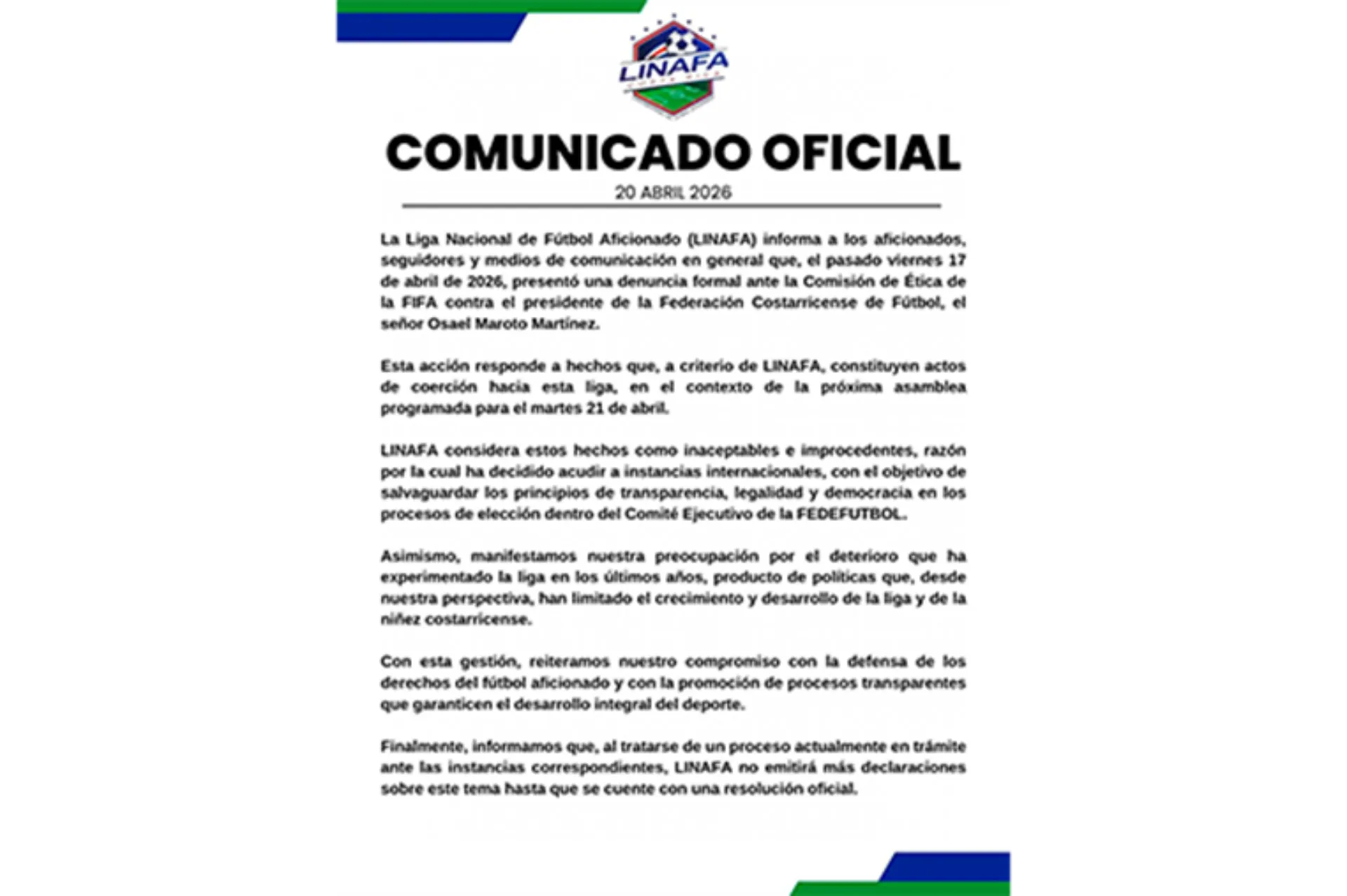 El comunicado de Linafa con su denuncia. (Foto: Facebook)