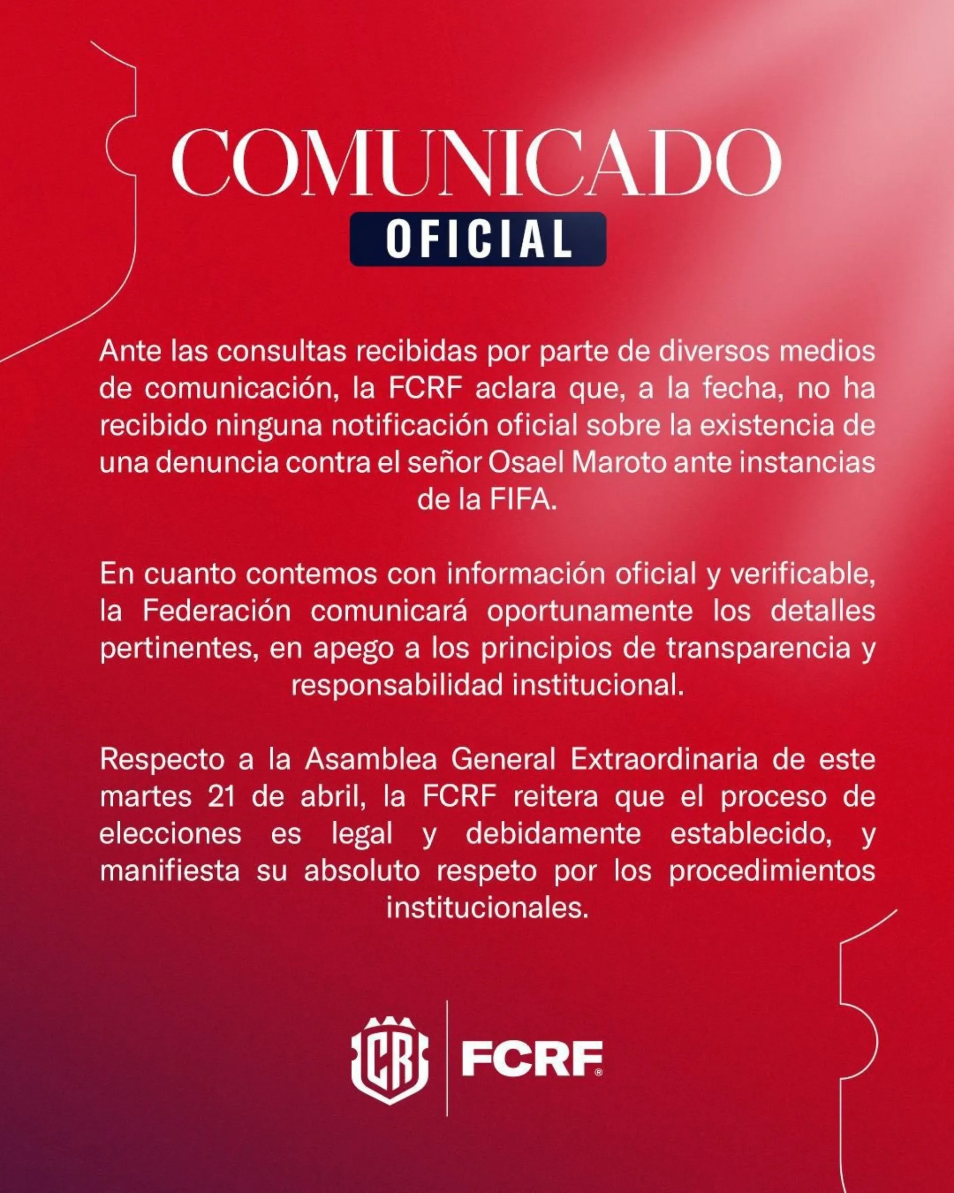 El comunicado de la Federación de Costa Rica. (Foto: FCRF)