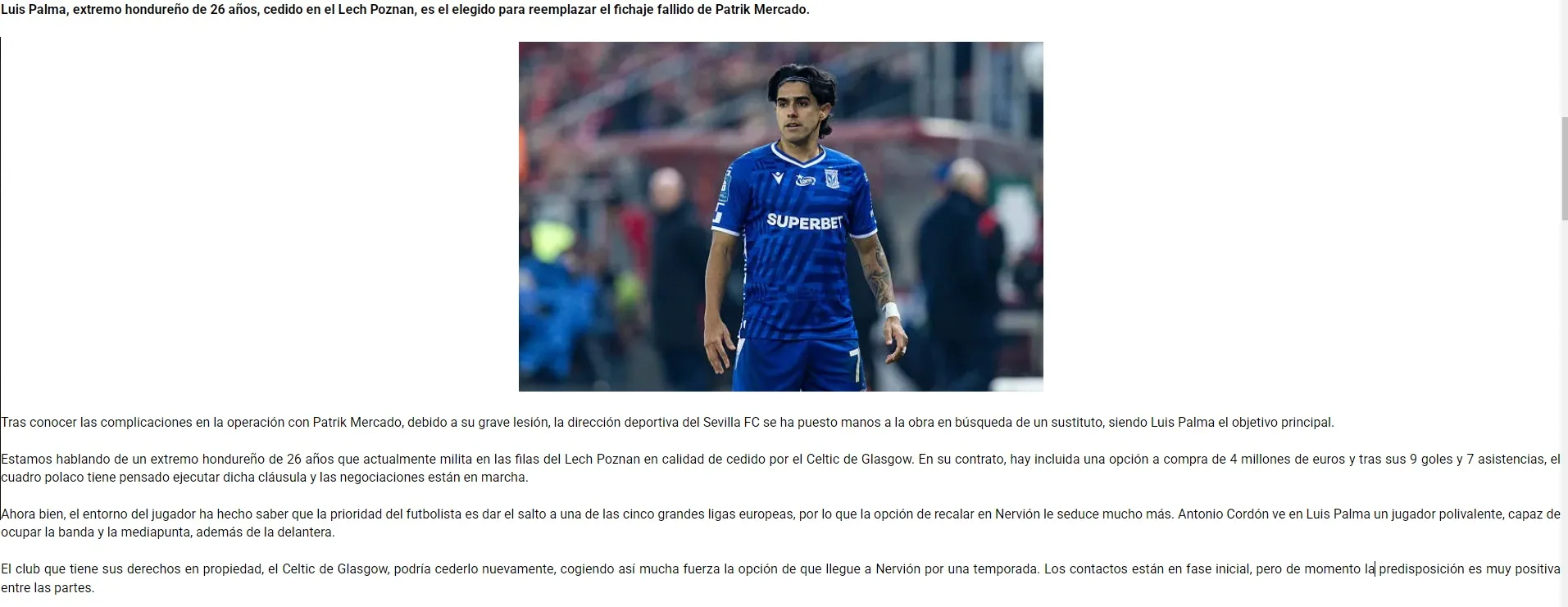 La información que detalla “El Sevillista” sobre Luis Palma.