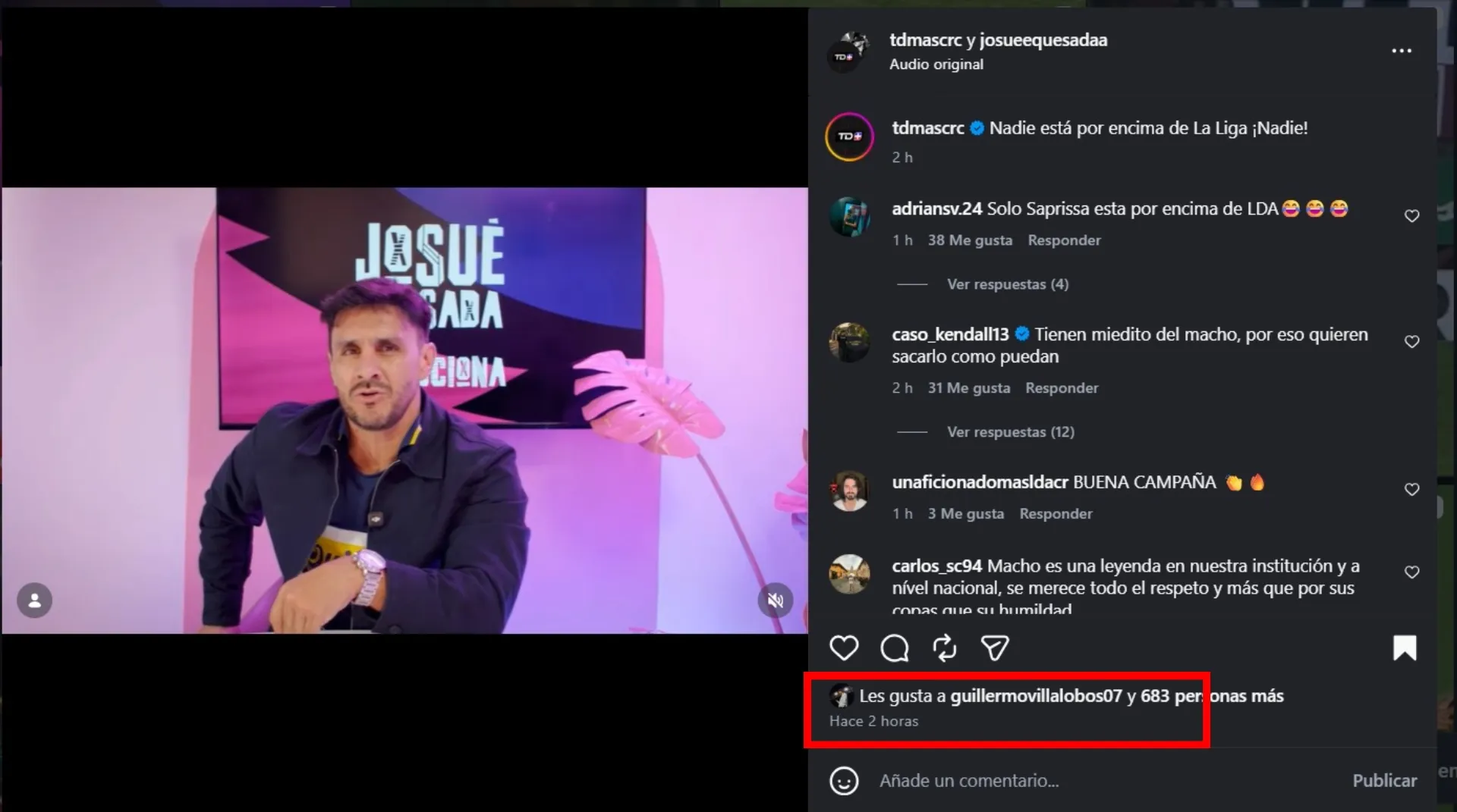 El me gusta de Guillermo Villalobos a la publicación contra Machillo Ramírez. (Foto: Instagram)