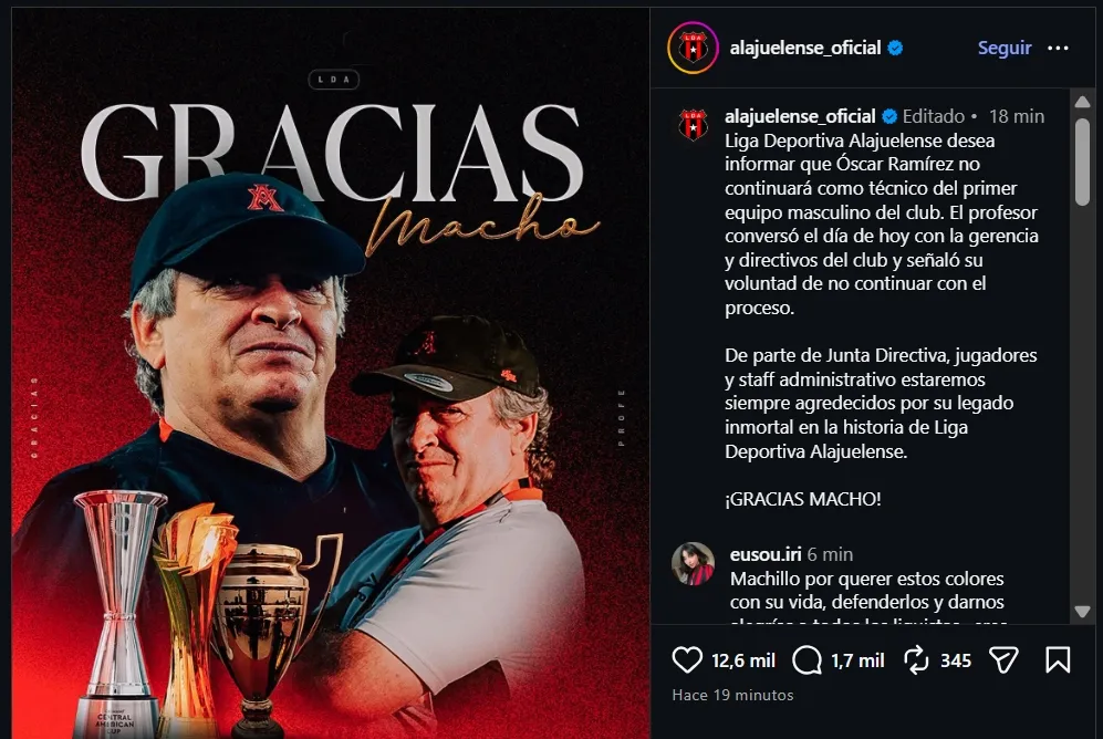 El comunicado de Alajuelense sobre la salida de Machillo Ramírez.