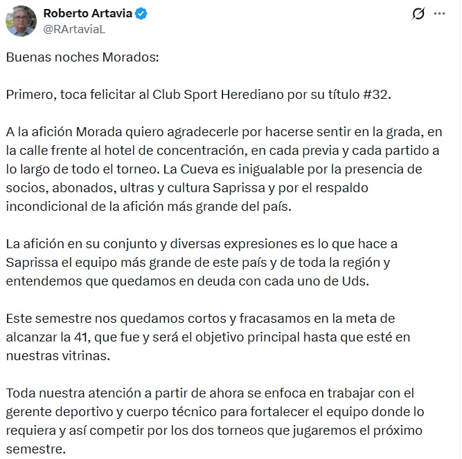 Primera parte del comunicado de Artavia en su cuenta de X.