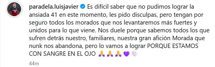 El mensaje de Luis Paradela dedicado a los morados (Instagram).