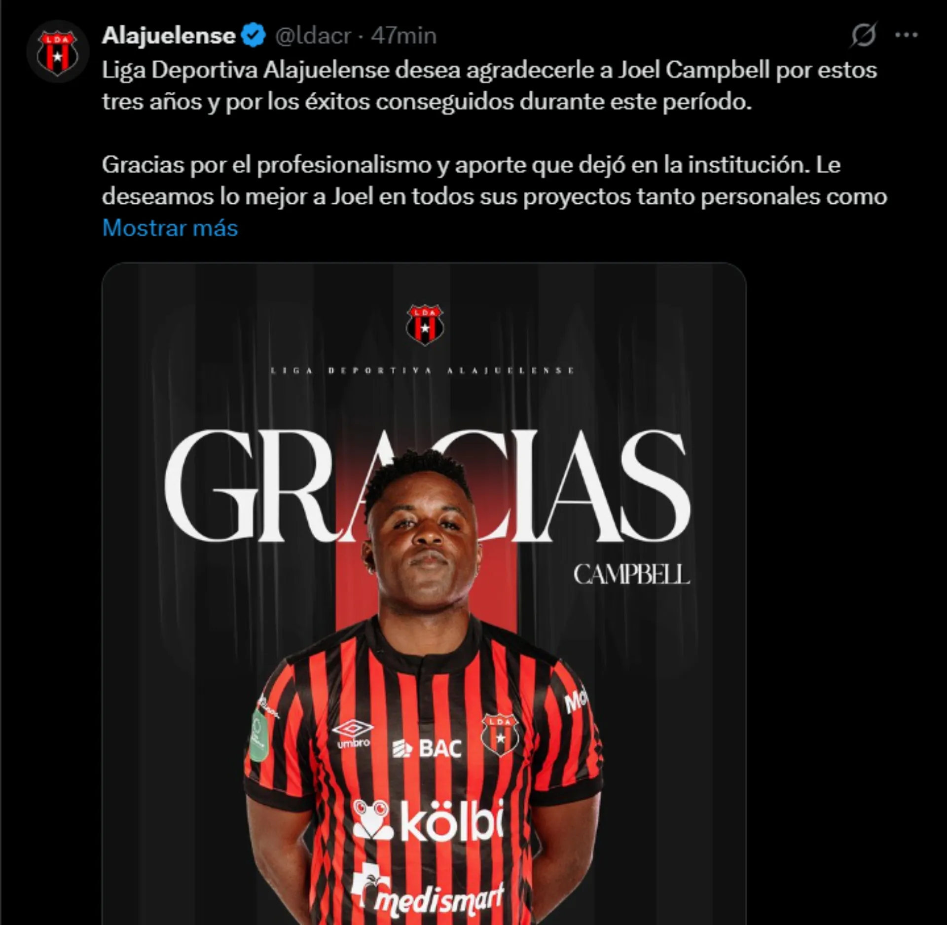 Alajuelense anunció la salida de Joel Campbell. (Foto: X)