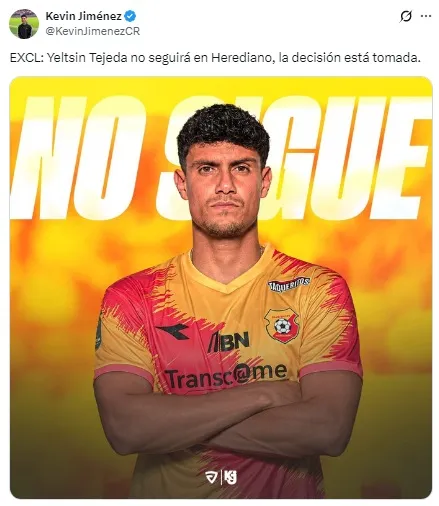 Kevin Jiménez confirmó su salida de Herediano (Foto: X)