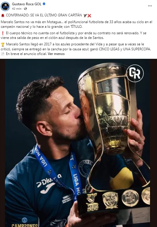 Marcelo Santos no seguirá en Motagua, informa Gustavo Roca. Foto: Facebook.