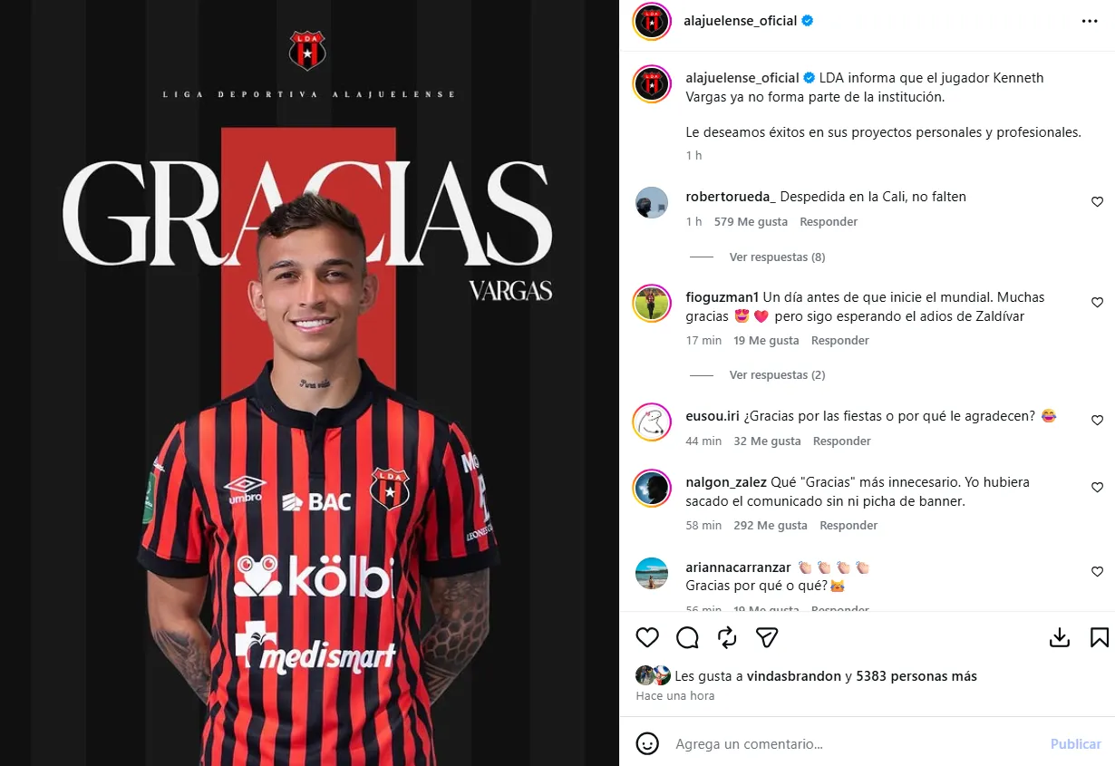 El anuncio oficial de Alajuelense sobre la salida de Kenneth Vargas. (Instagram)