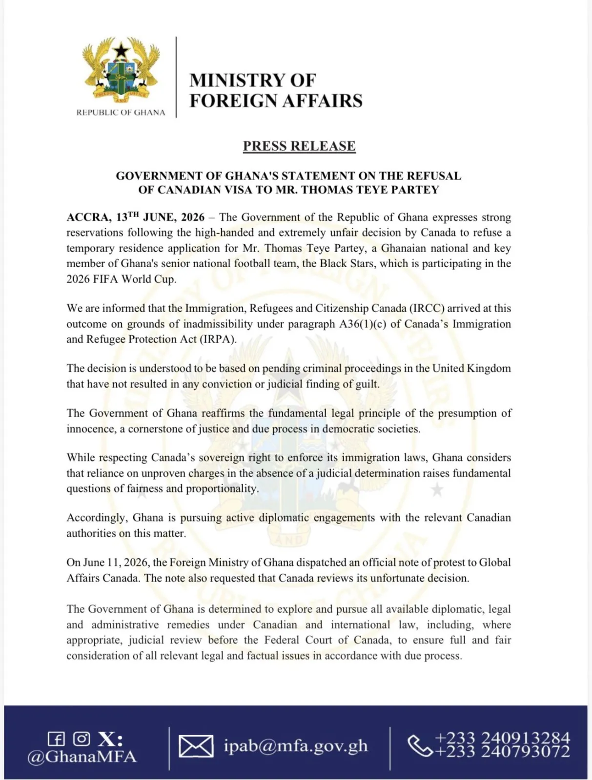 El comunicado oficial del gobierno de Ghana en inglés.