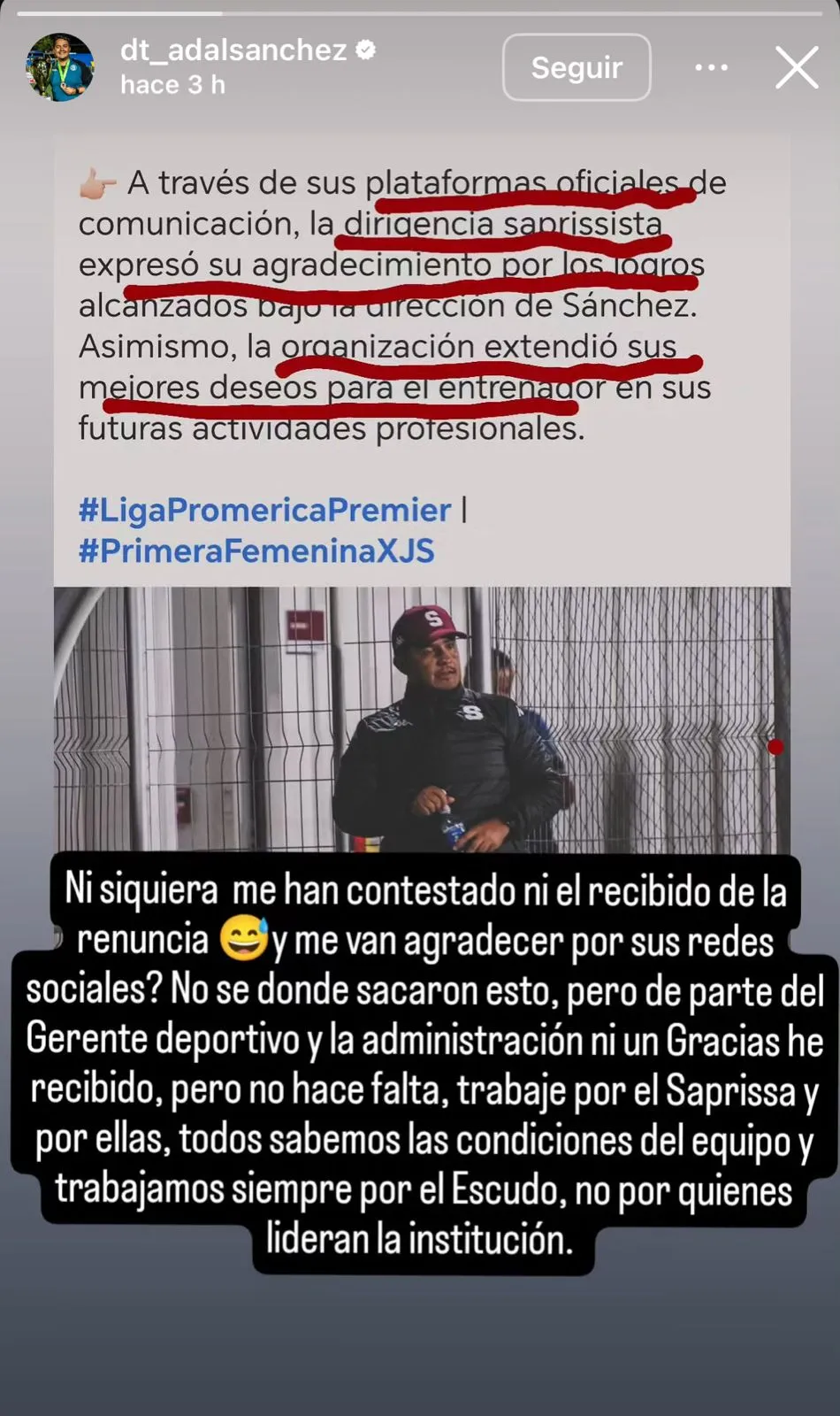 El mensaje en redes de Adal Sánchez. (Foto: captura de Instagram)