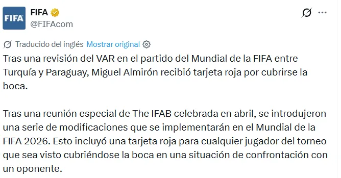El mensaje de FIFA tras la expulsión.