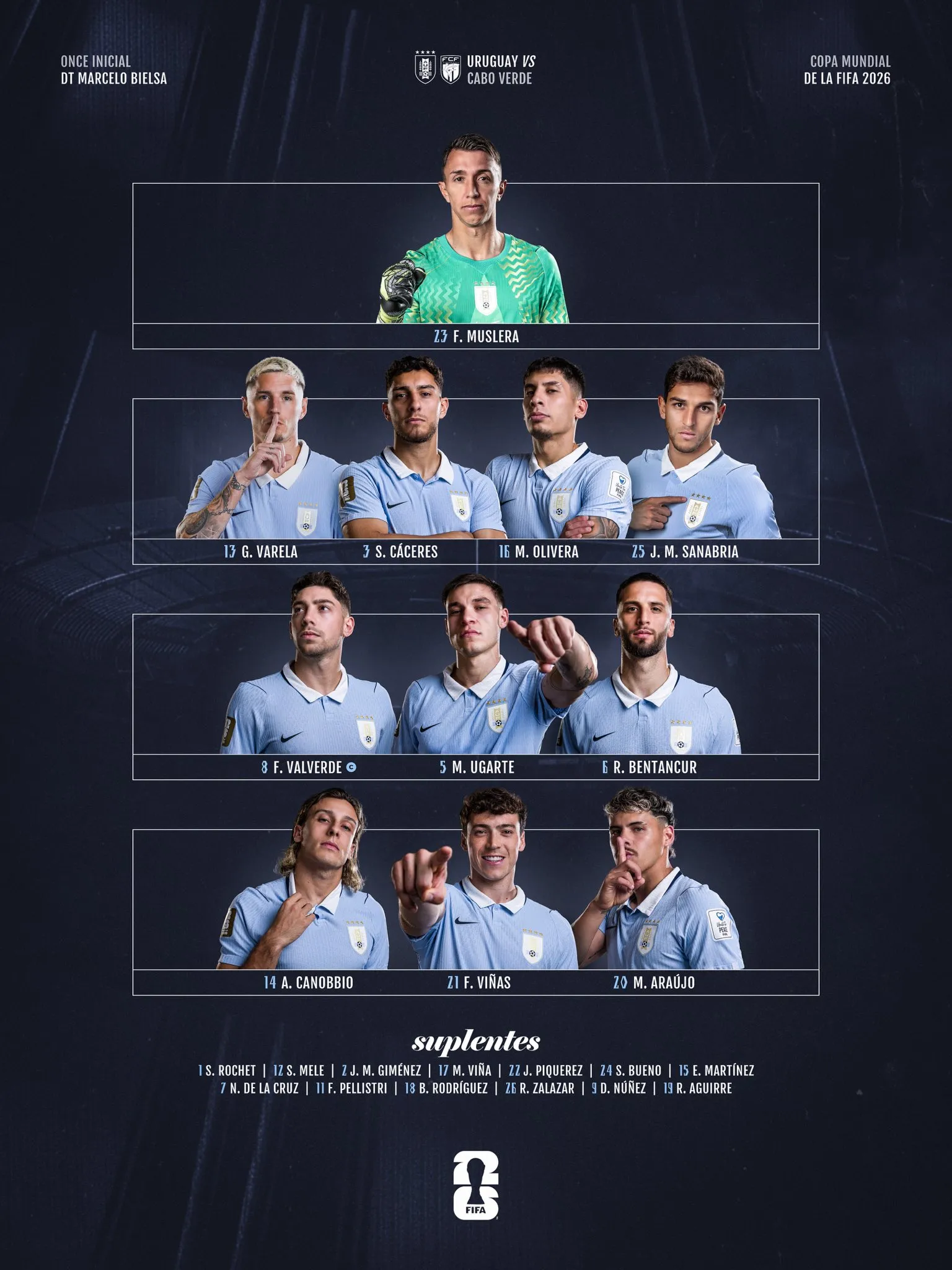 La alineación de Uruguay para medirse a los caboverdianos. (Foto: AUF)
