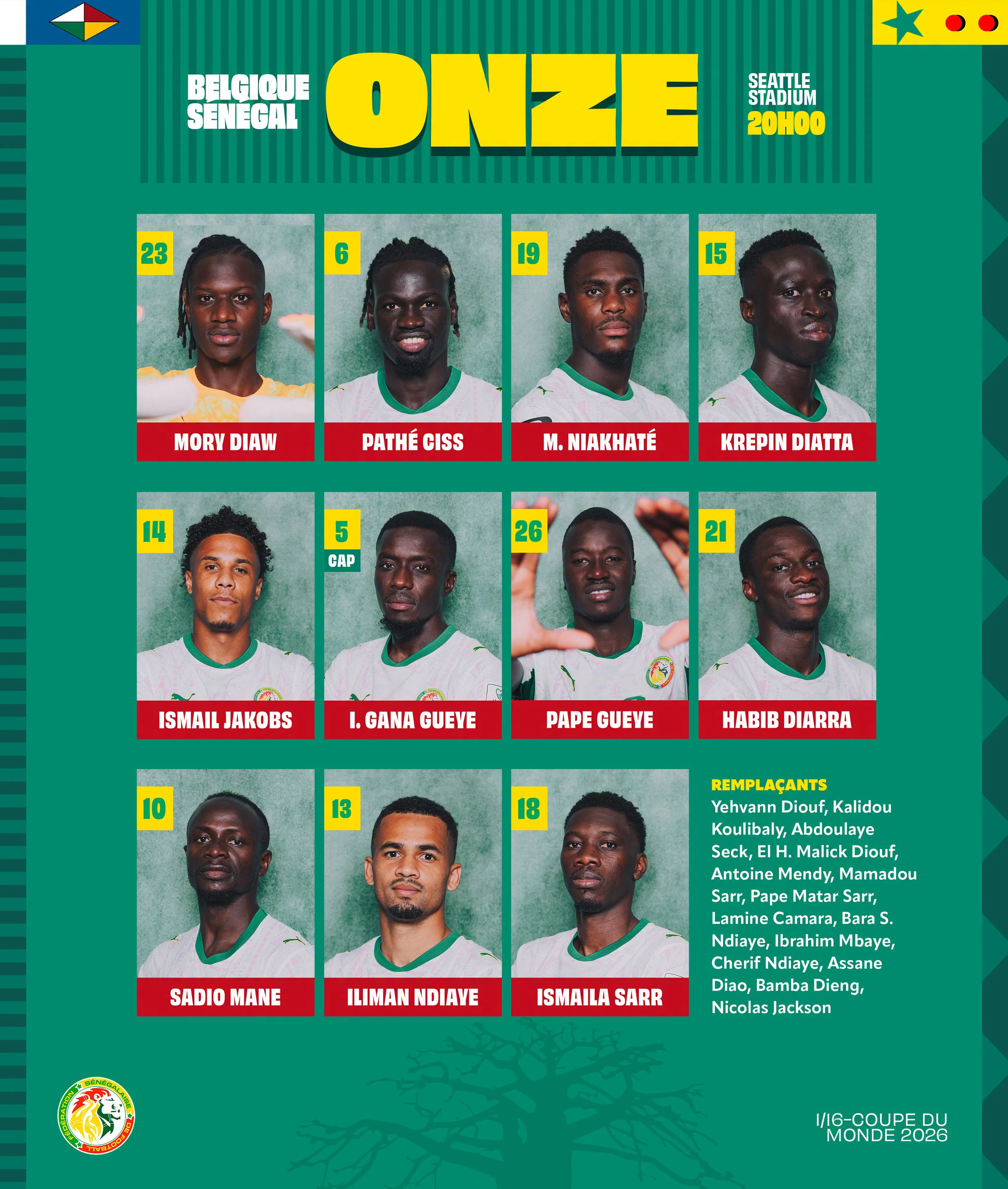 El XI de Senegal para enfrentar a Bélgica. (Foto: Fédération Sénégalaise de Football)