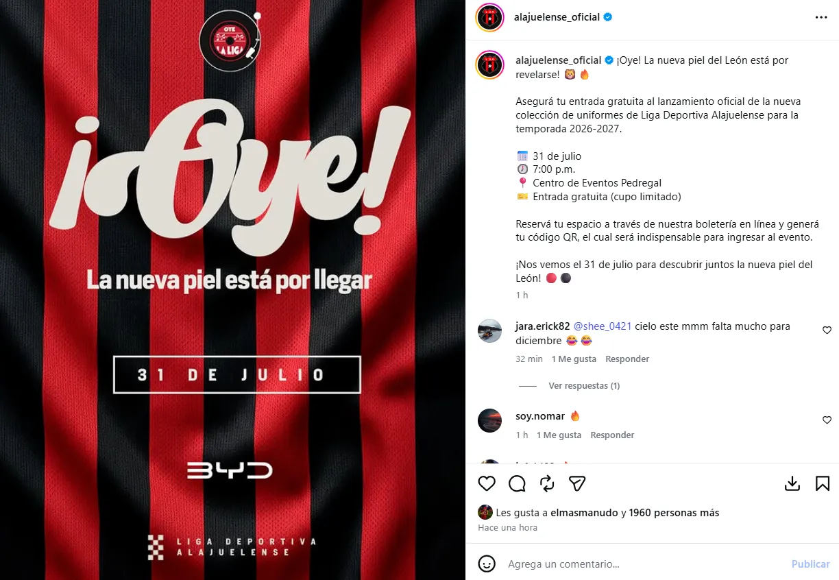 El anuncio oficial de la nueva camiseta de Alajuelense. (Instagram)