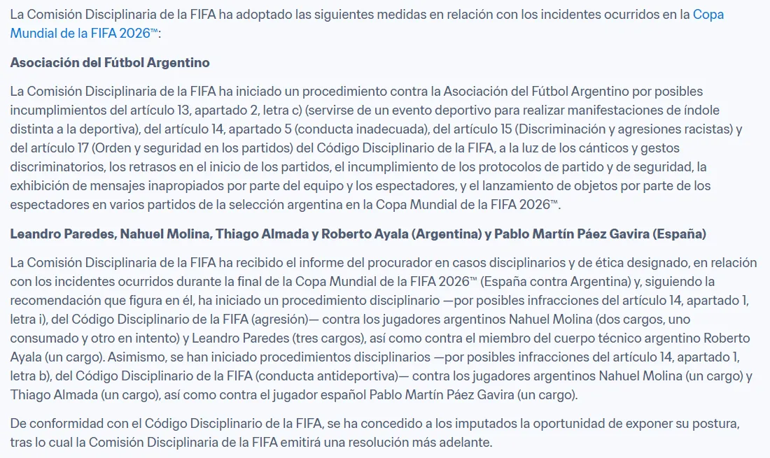 Esto publicó la FIFA en su sitio oficial.