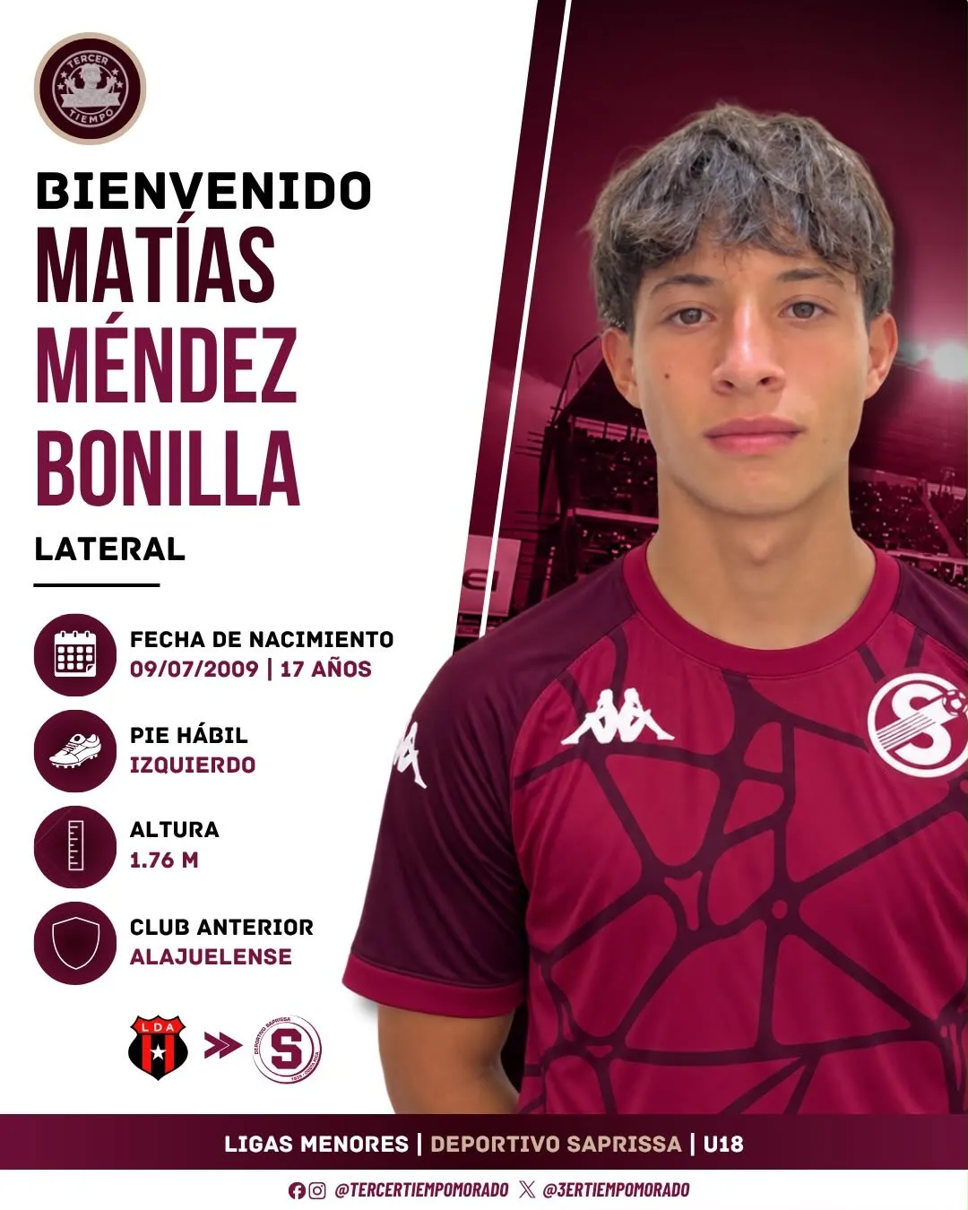 Matías Méndez Bonilla pasó de Alajuelense a Saprissa U18. (@TercerTiempoMorado)